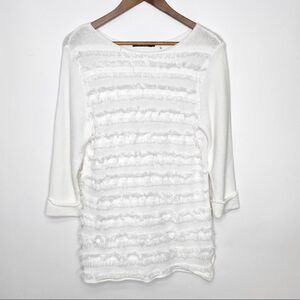 Nic + Zoe White Striped Fringe Sweater Large